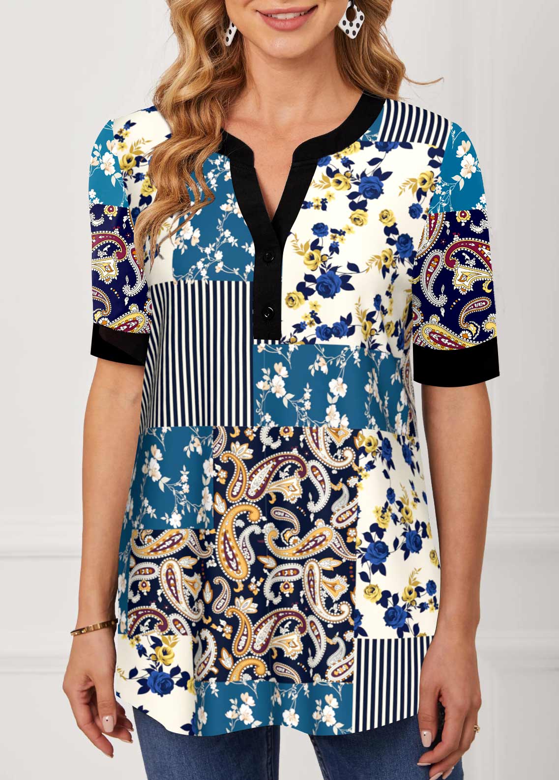 Paisley Print Split Neck Short Sleeve Blouse