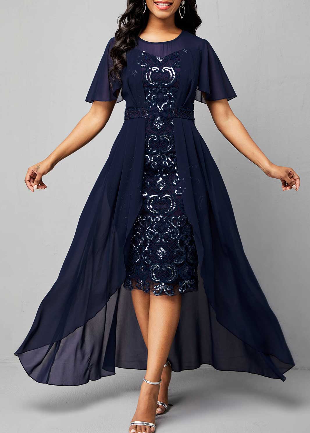 Sequin Embroidered Chiffon Round Neck Dress