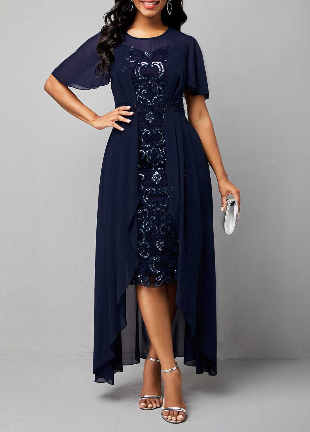 Sequin Embroidered Chiffon Round Neck Dress