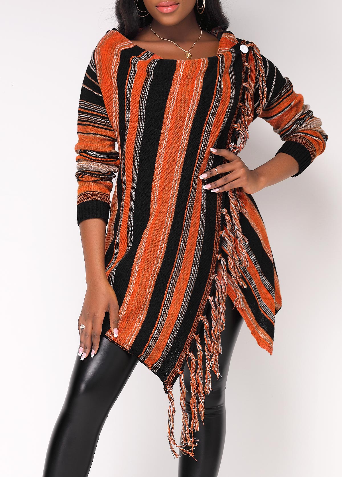 Orange Front Slit Hem Striped Tassel Sweater
