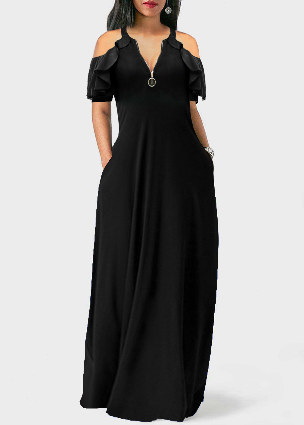 Double Side Pockets Black Cold Shoulder Maxi Dress