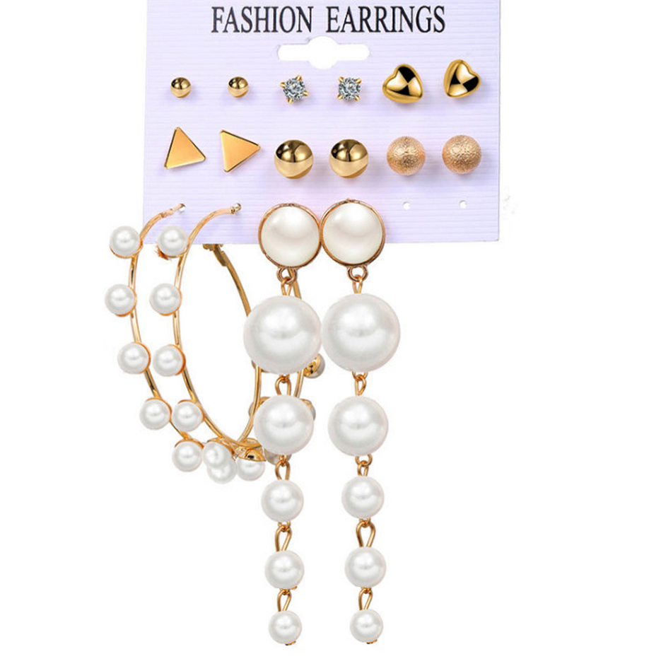 White Pearl Design Metal Detail Earring Set
