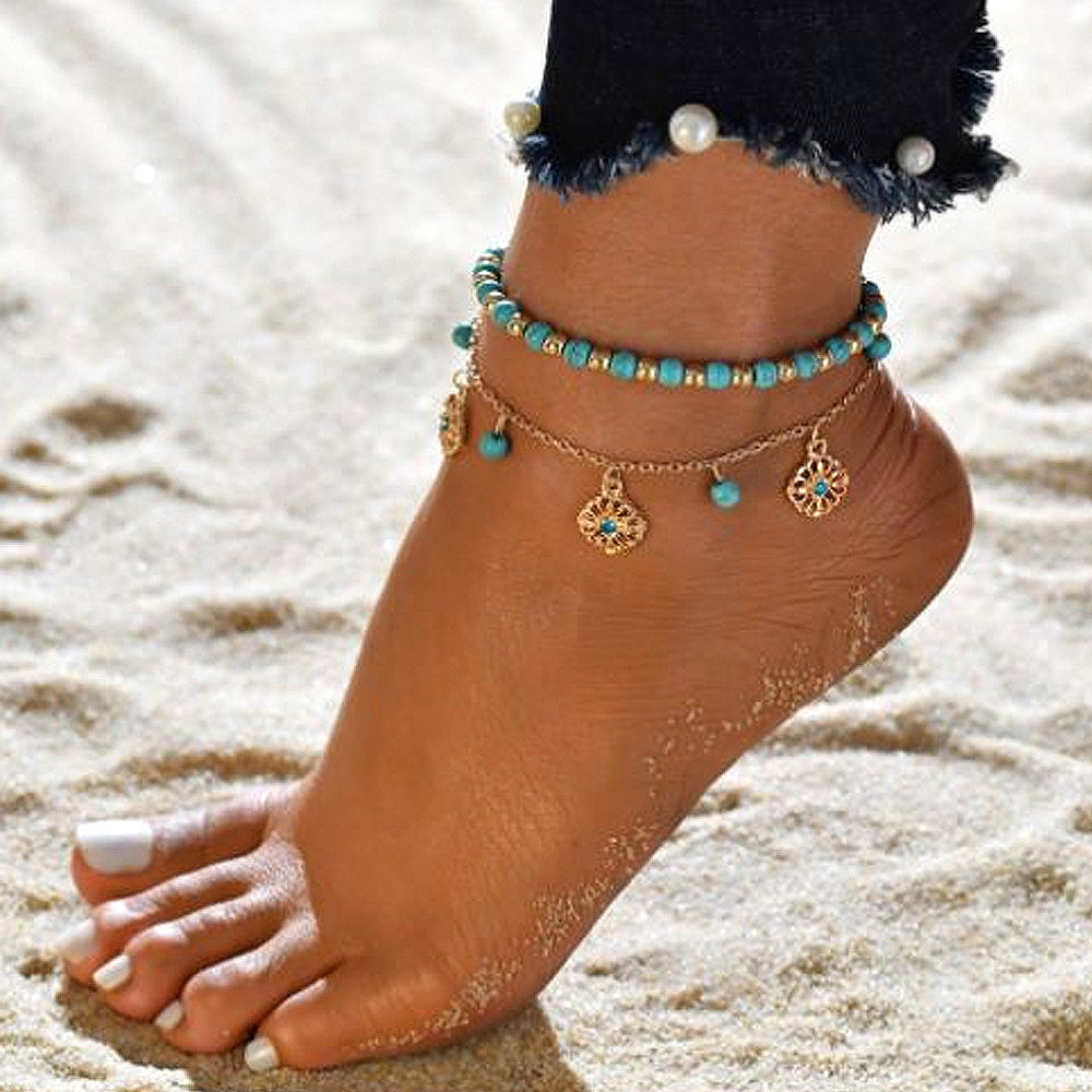 Beads Design Metal Detail Turquoise Anklet Set