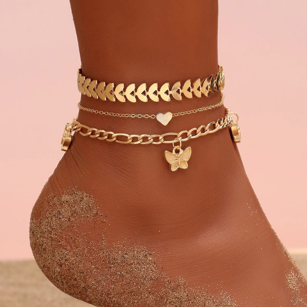 Gold Butterfly Pendant Metal Detail Anklet Set