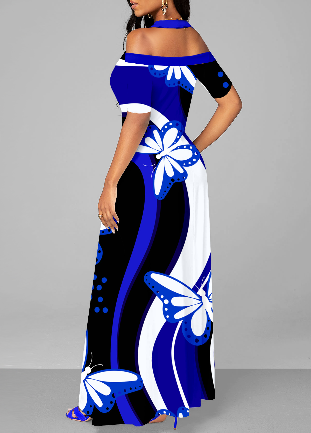 Butterfly Print Double Side Pockets Royal Blue Dress