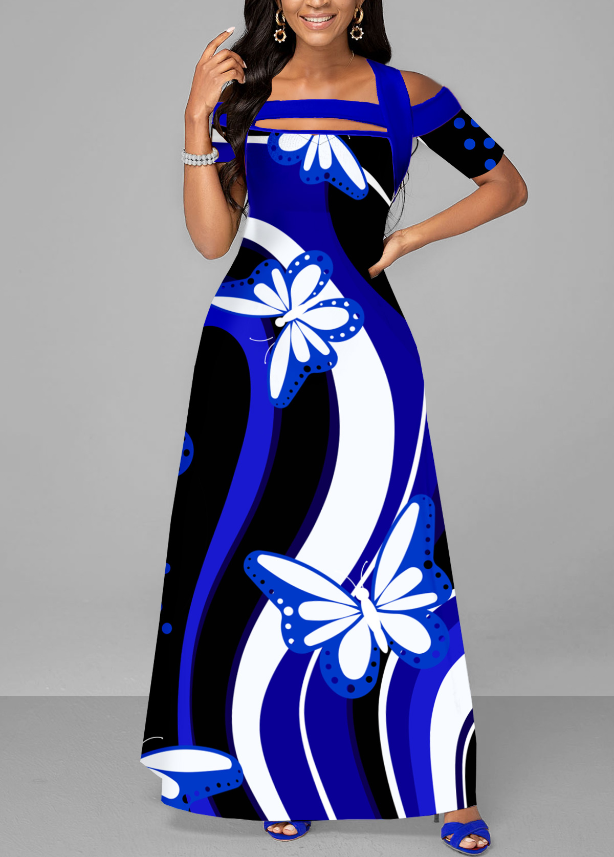 Butterfly Print Double Side Pockets Royal Blue Dress
