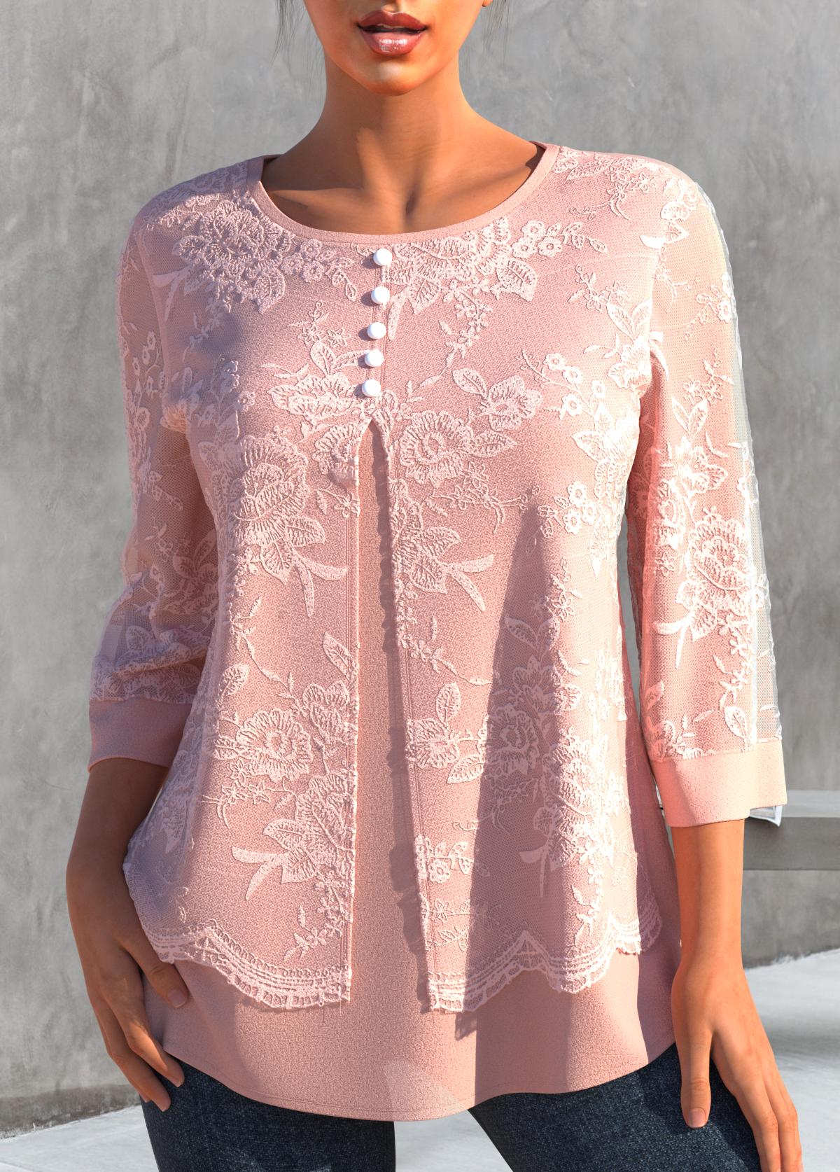 Lace Stitching Faux Two Piece Light Pink Blouse