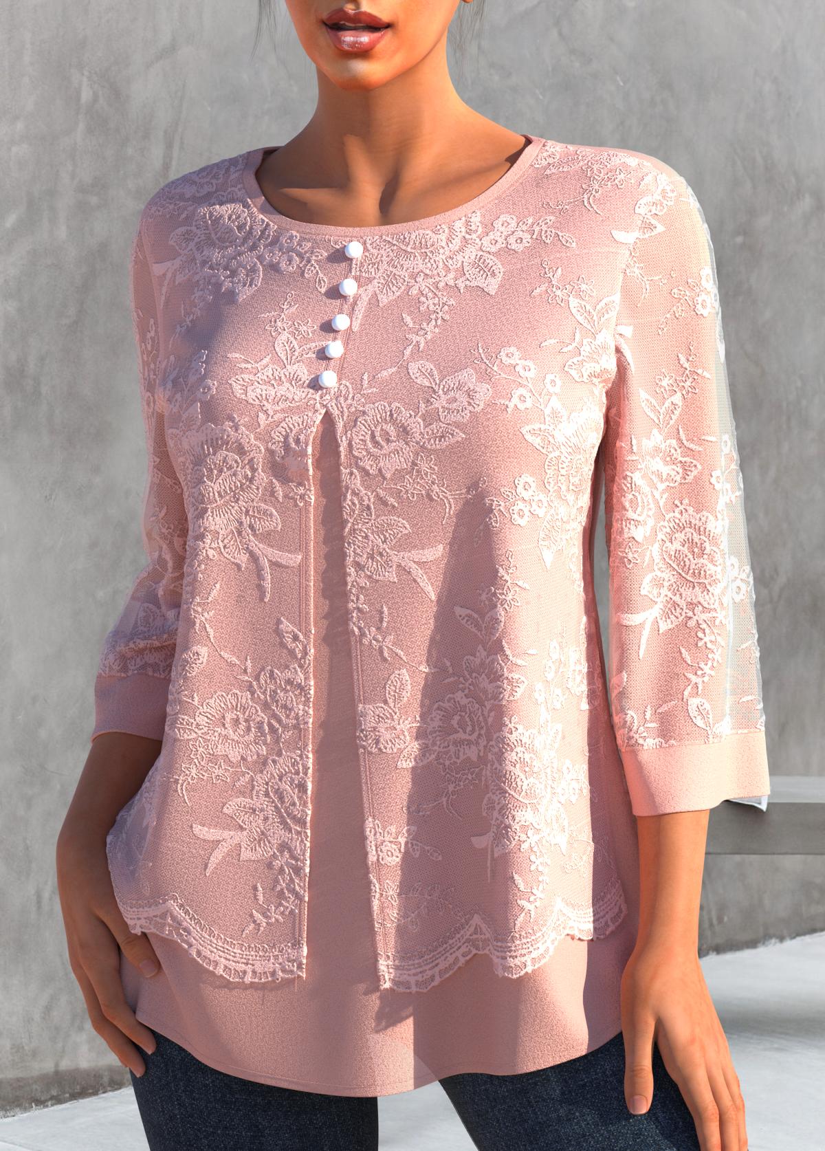Lace Stitching Faux Two Piece Light Pink Blouse