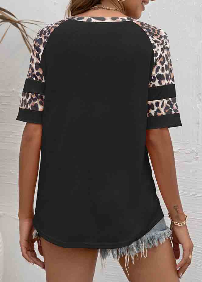 Round Neck Short Sleeve Leopard Black T Shirt