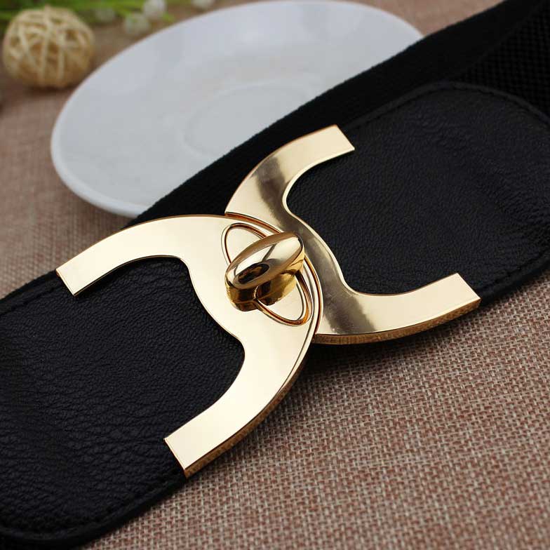 Black Elastic Design Wide Faux Leather Belt