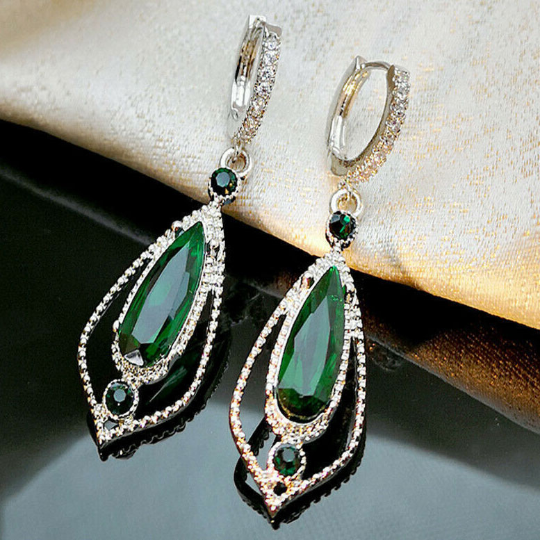 Rhinestone Waterdrop Design Metal Green Earrings