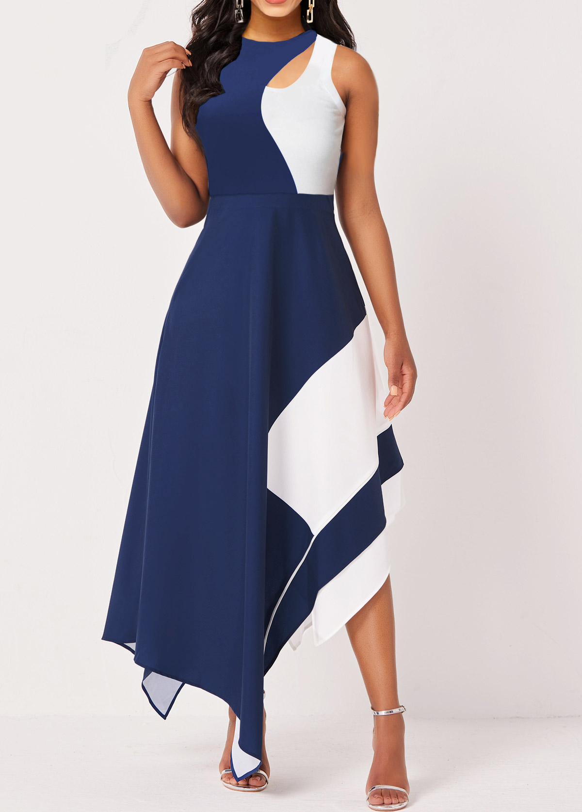 Plus Size Asymmetric Hem Blue Sleeveless Maxi Dress
