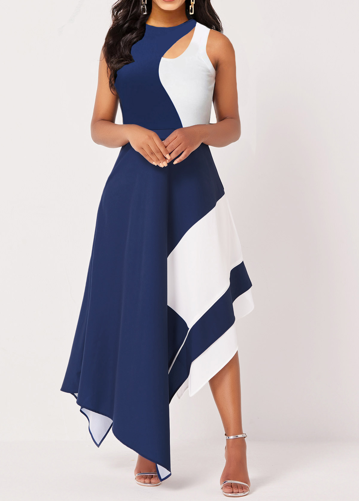 Plus Size Asymmetric Hem Blue Sleeveless Maxi Dress