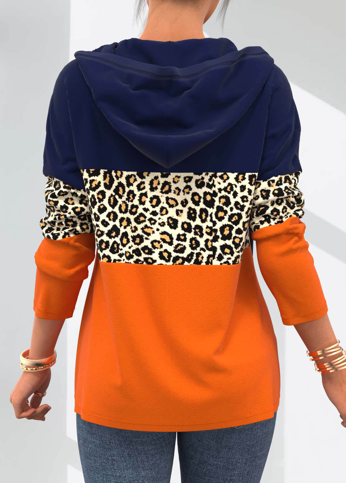 Orange Leopard Quarter Zip Drawstring Detail Hoodie