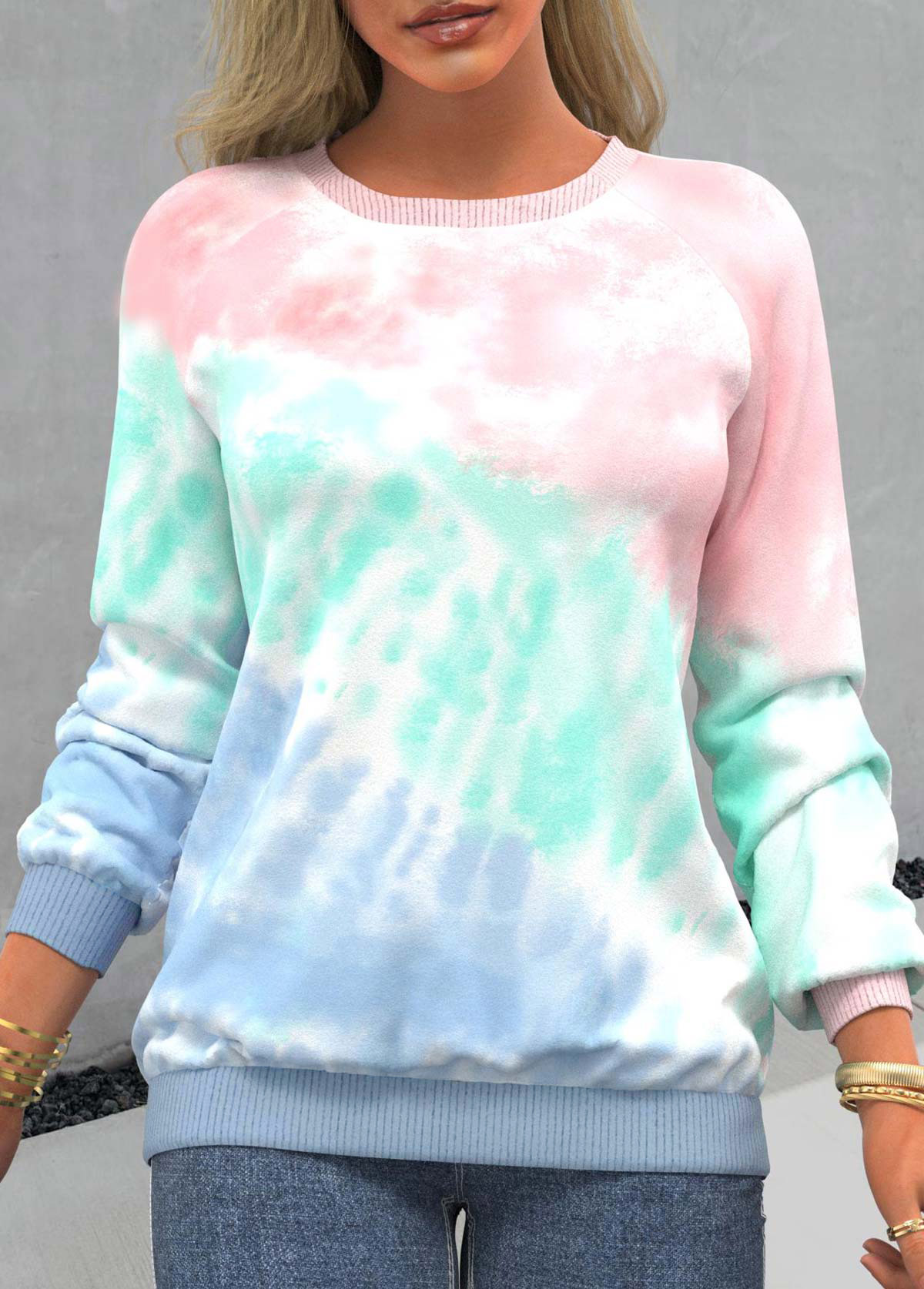 Tie Dye Print Ombre Long Sleeve Pink Sweatshirt