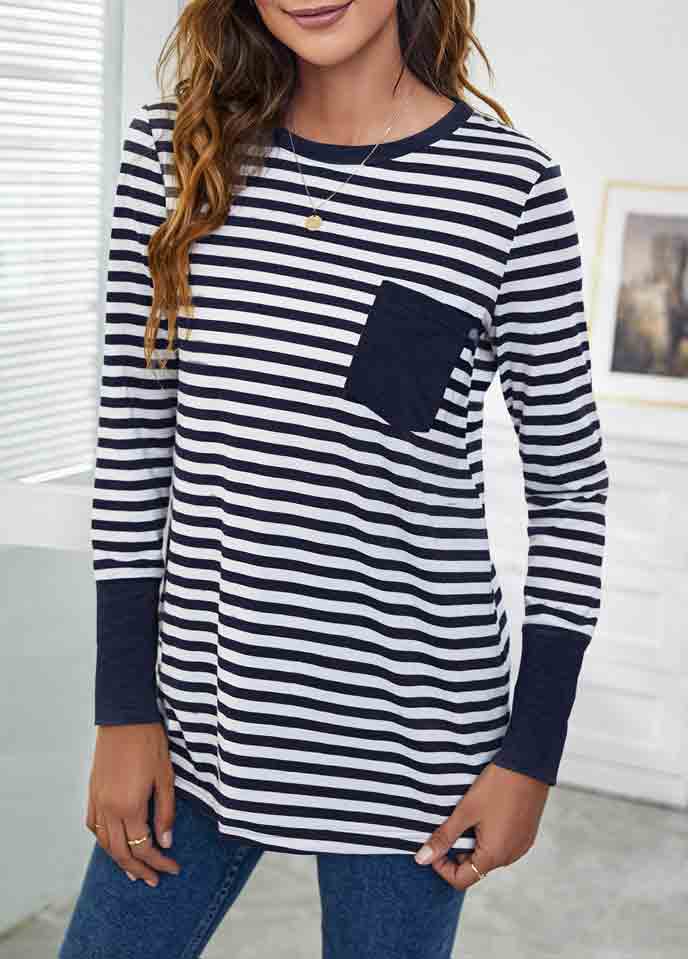 Pocket Long Sleeve Striped Navy T Shirt
