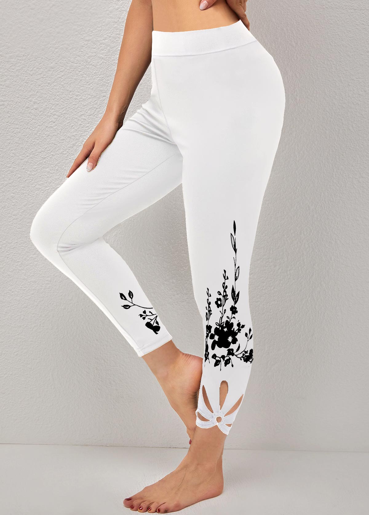 Floral Print Cutout White Skinny Legging