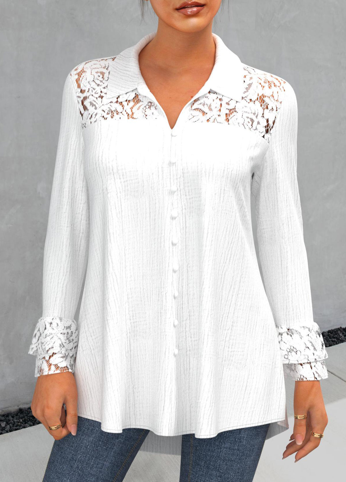 Lace Stitching White Turndown Collar Blouse | Rosewe.com - USD $32.98