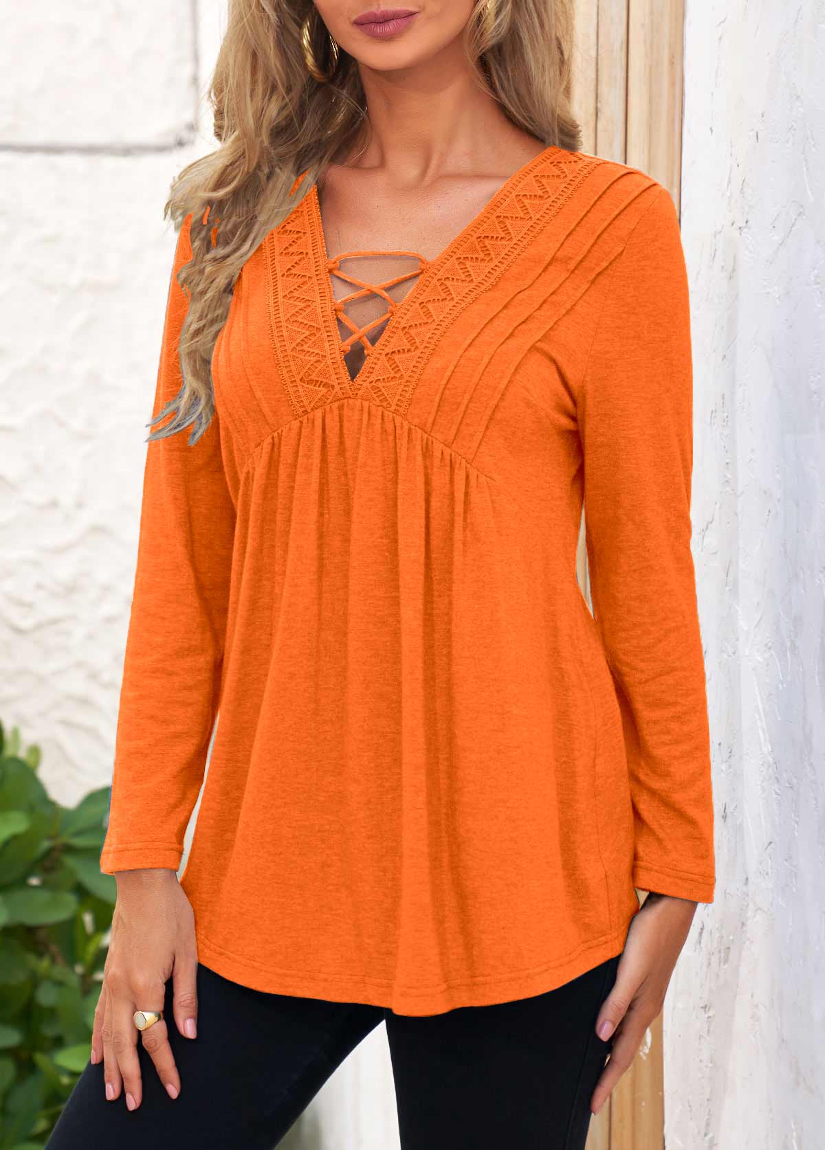 Orange Long Sleeve Lace Stitching T Shirt
