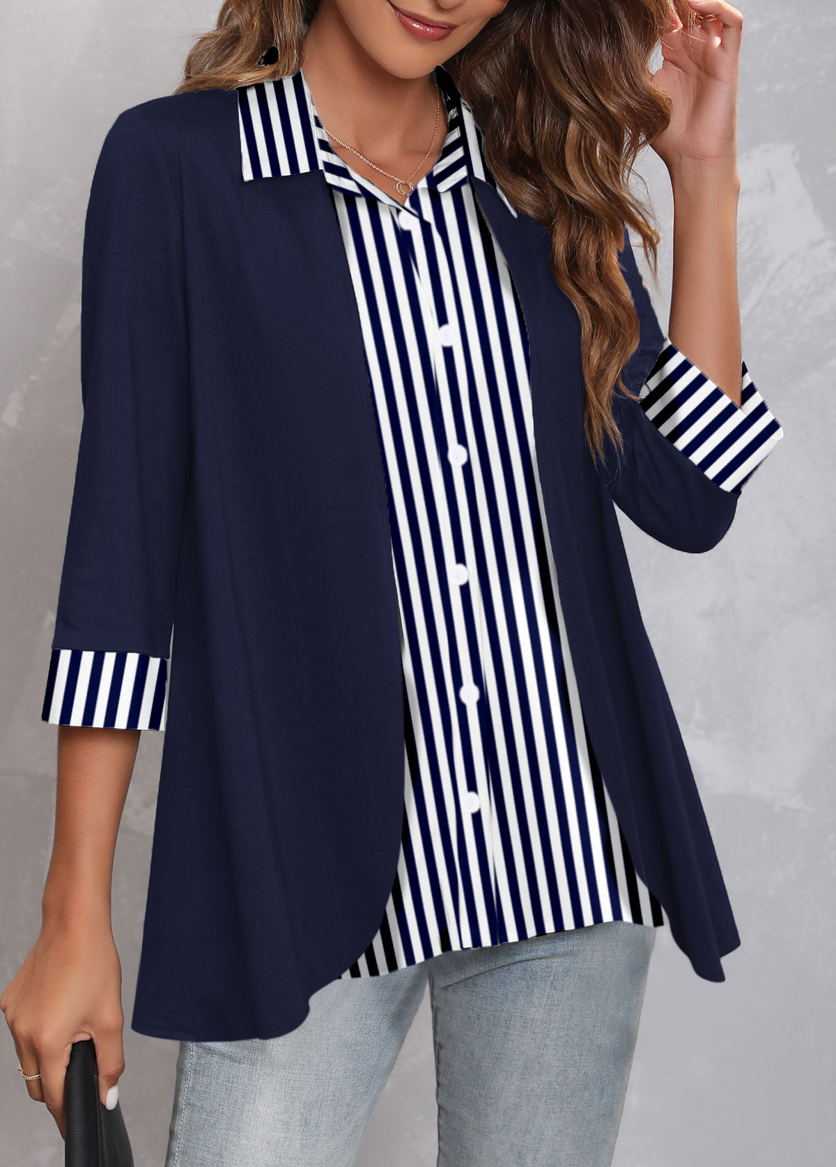 Striped Faux Two Piece Button Up Navy Blouse