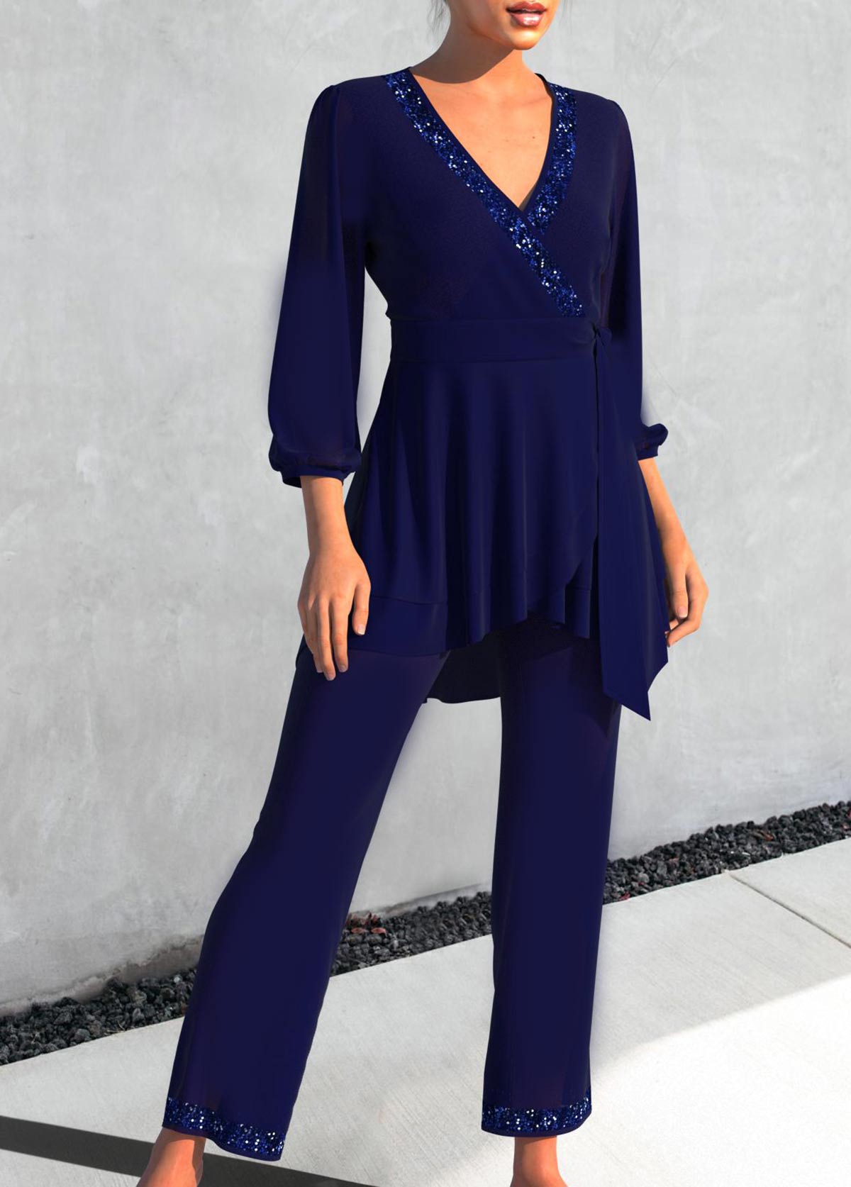 Chiffon Sequin Navy Top and Pants