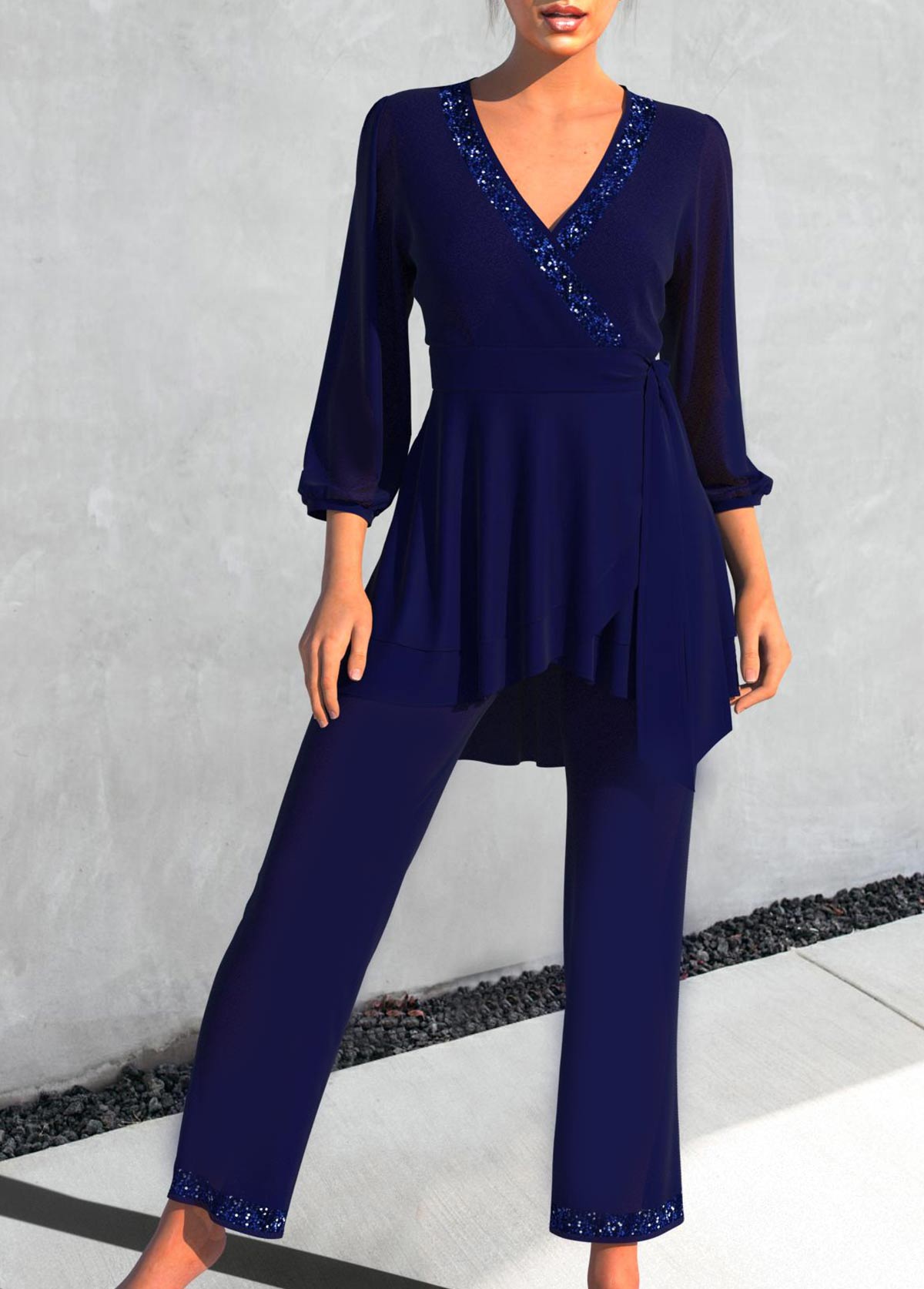 Chiffon Sequin Navy Top and Pants