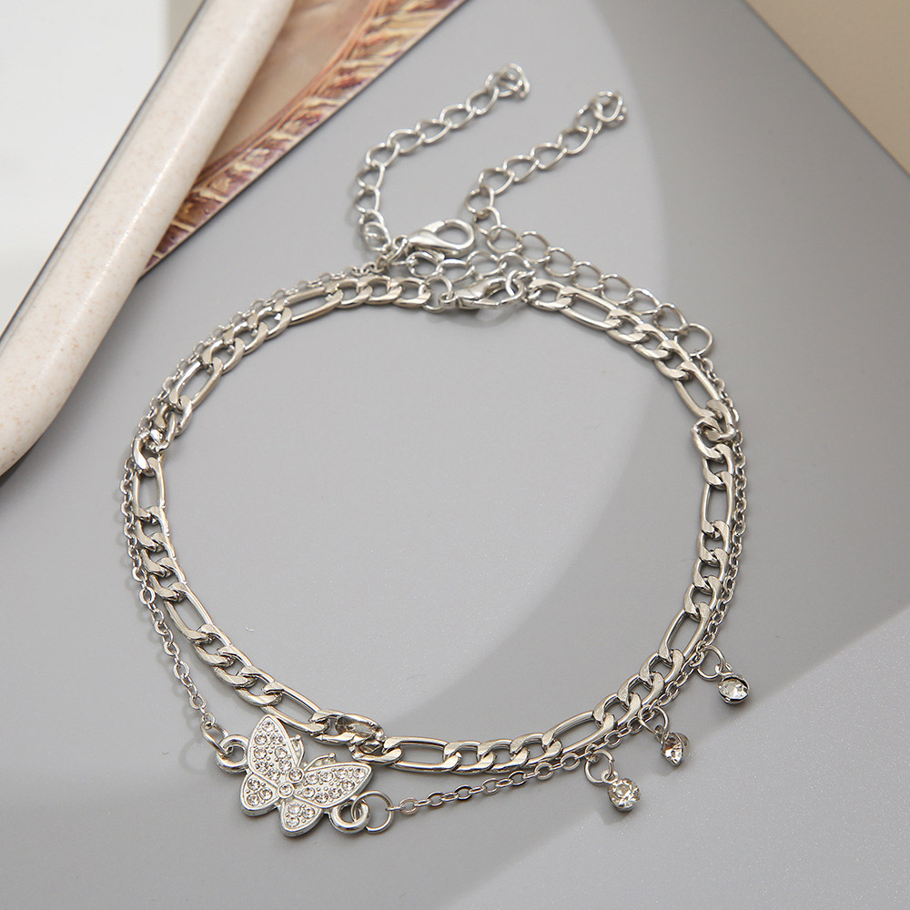 Butterfly Silvery White Rhinestone Anklet Set