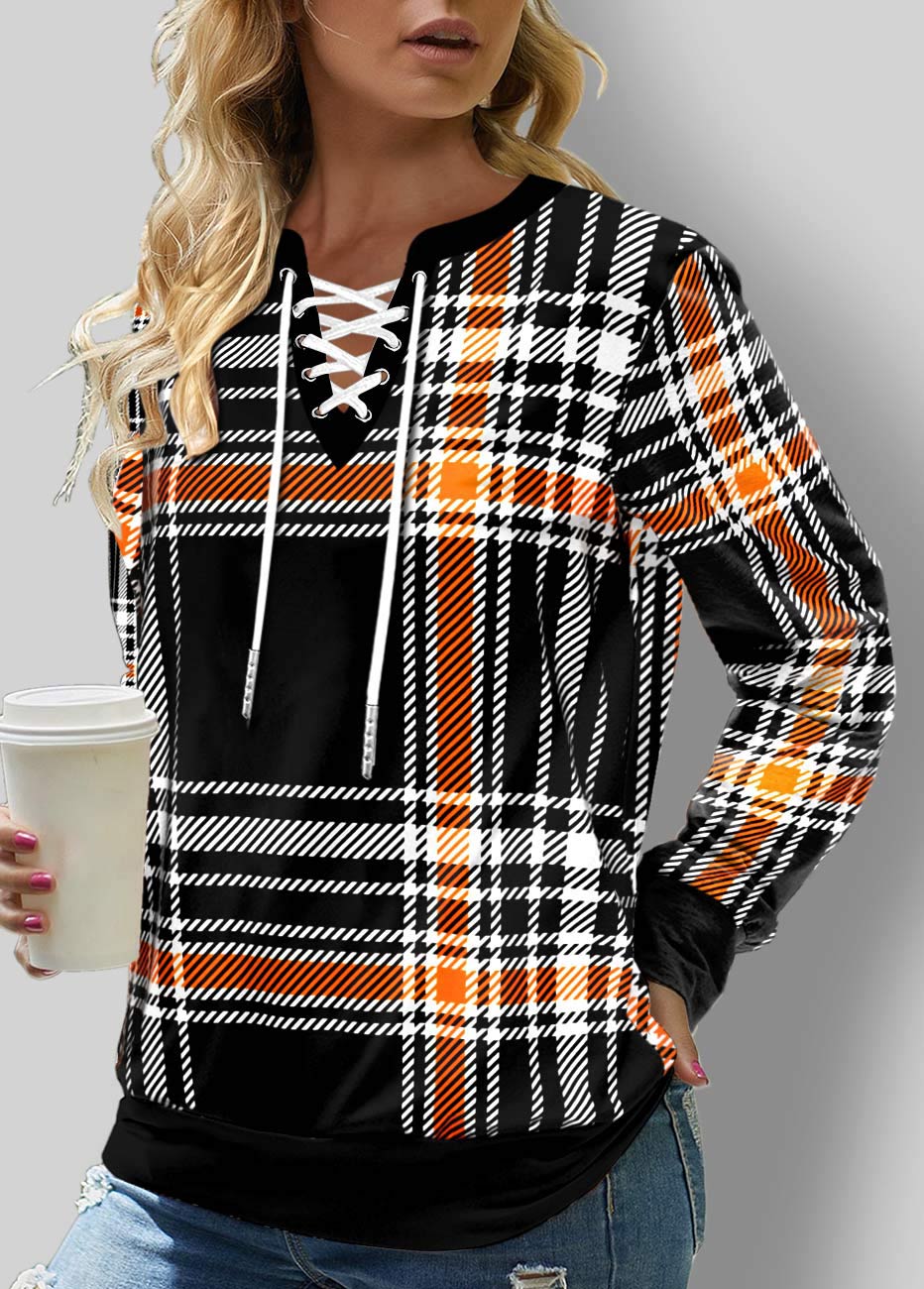 Plaid Lace Up Black Halloween Design Sweatshirt