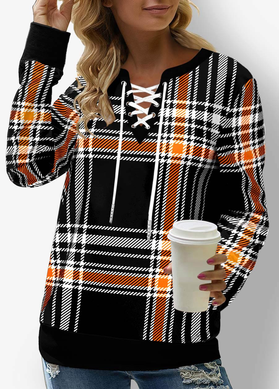 Plaid Lace Up Black Halloween Design Sweatshirt