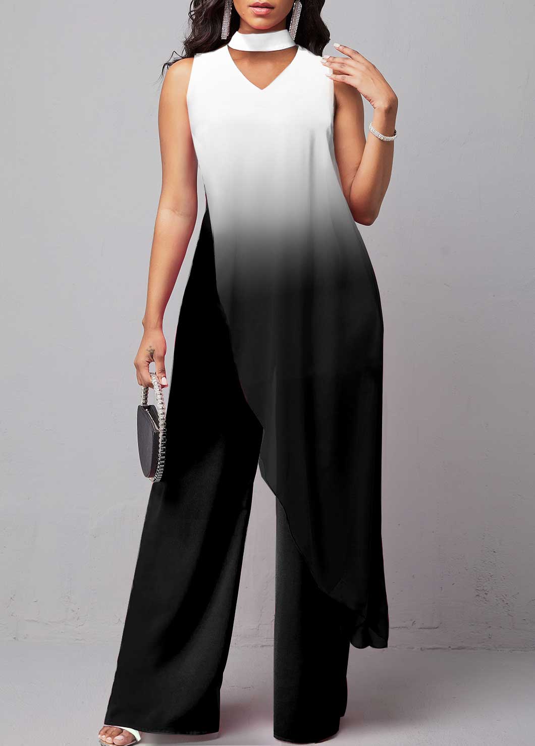 Plus Size Ombre White Sleeveless Stand Collar Jumpsuit