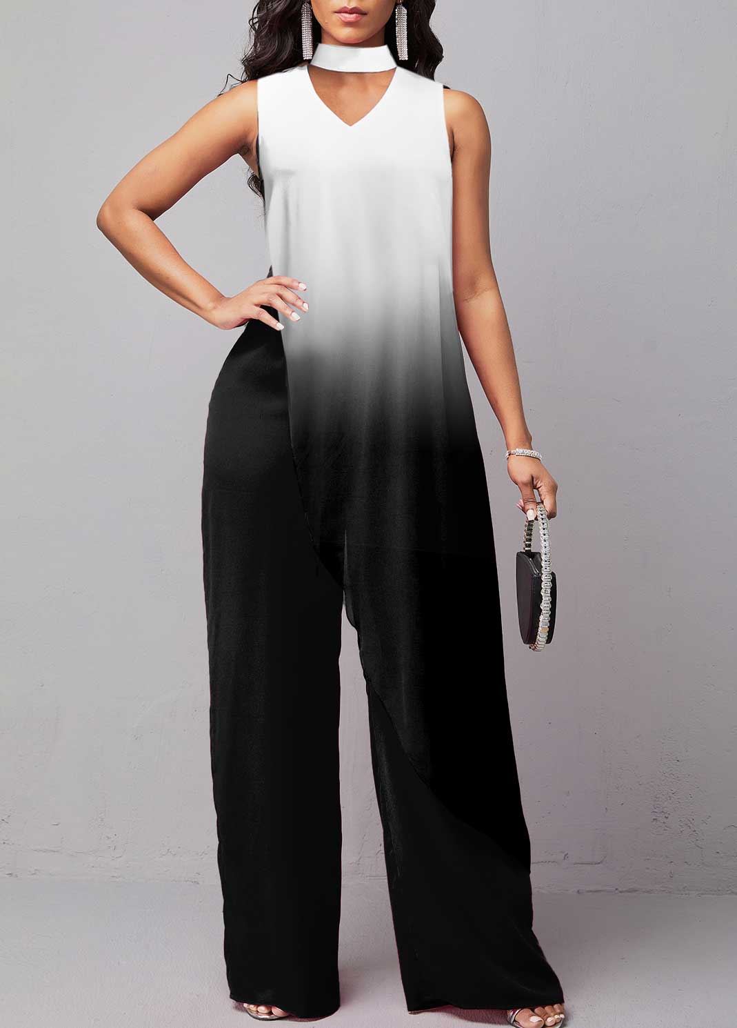 Plus Size Ombre White Sleeveless Stand Collar Jumpsuit