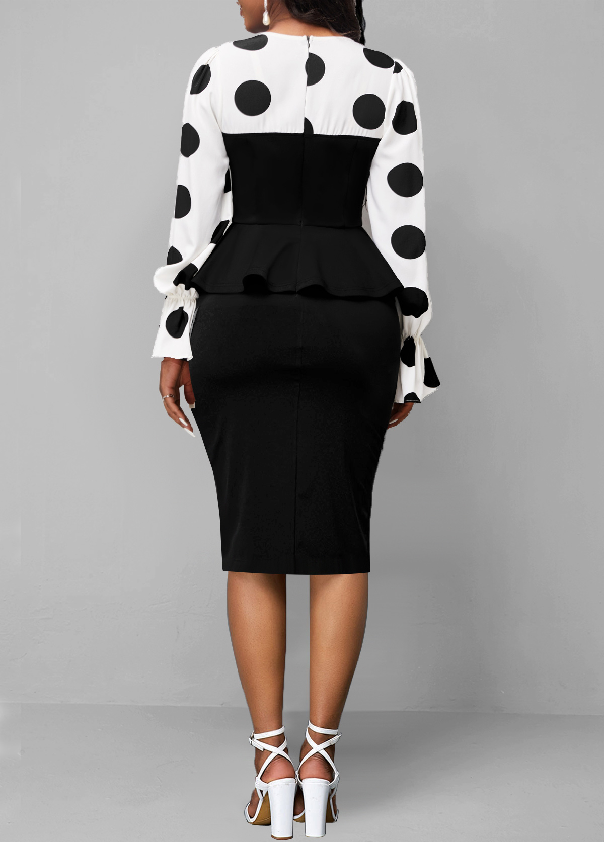 Contrast Flare Cuff Polka Dot Black Dress