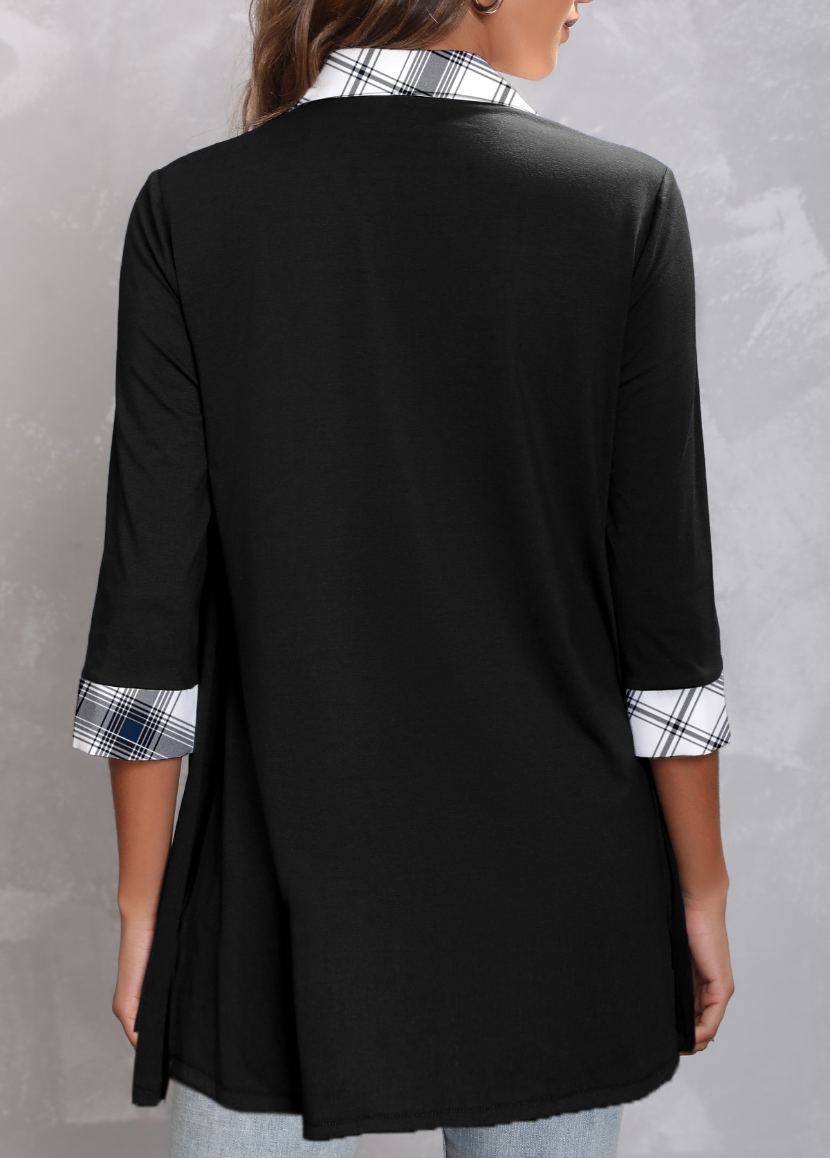 Plus Size Striped Turndown Collar 3/4 Sleeve Black Blouse