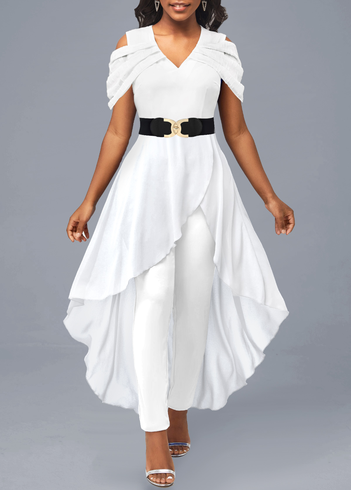 Cold Shoulder White V Neck Jumpsuit