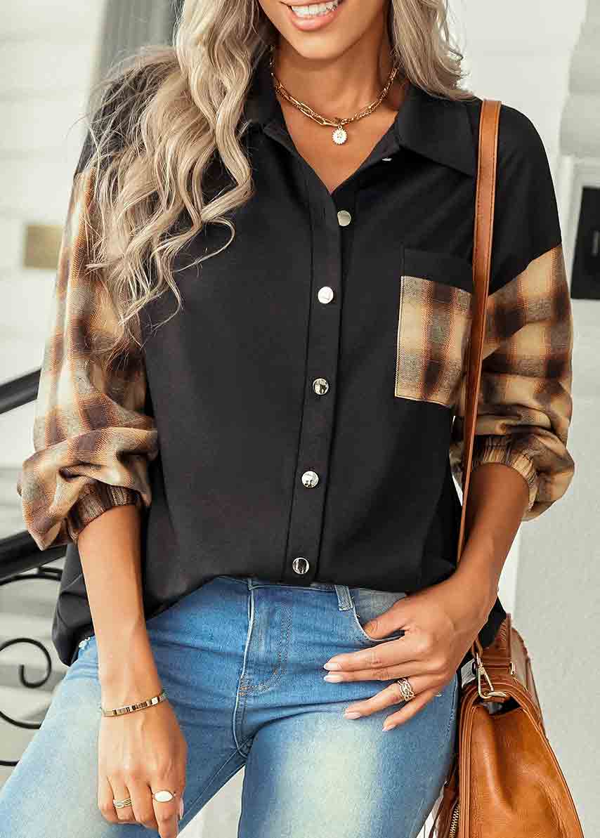 Tartan Print Pocket Black Shirt Collar Blouse