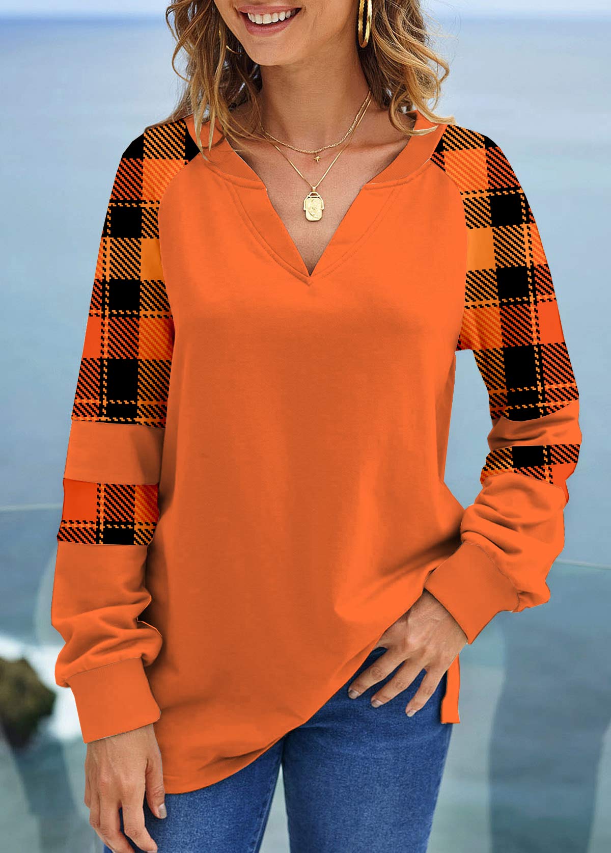 Tartan Print Long Sleeve Orange Halloween Sweatshirt