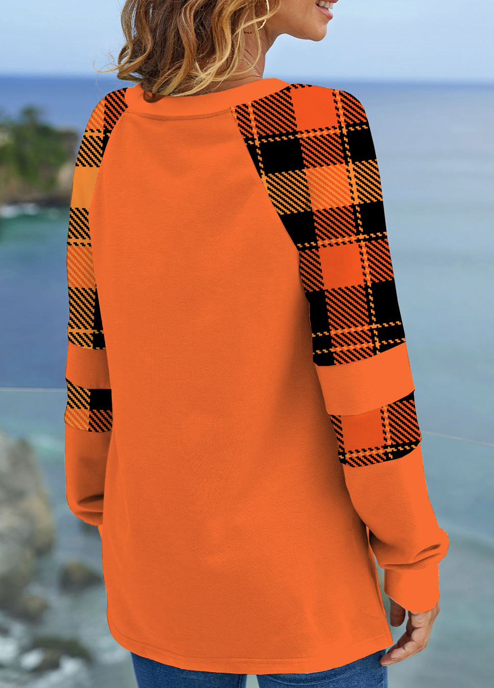 Tartan Print Long Sleeve Orange Halloween Sweatshirt
