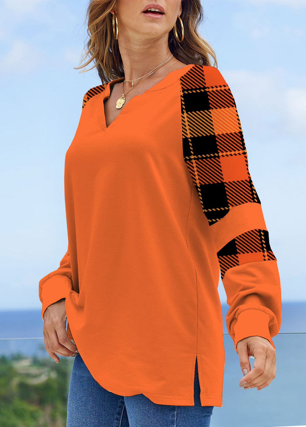 Tartan Print Long Sleeve Orange Halloween Sweatshirt