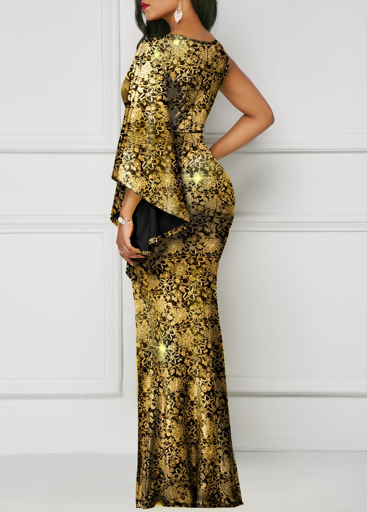 Floral Print Hot Stamping Golden Side Slit Dress