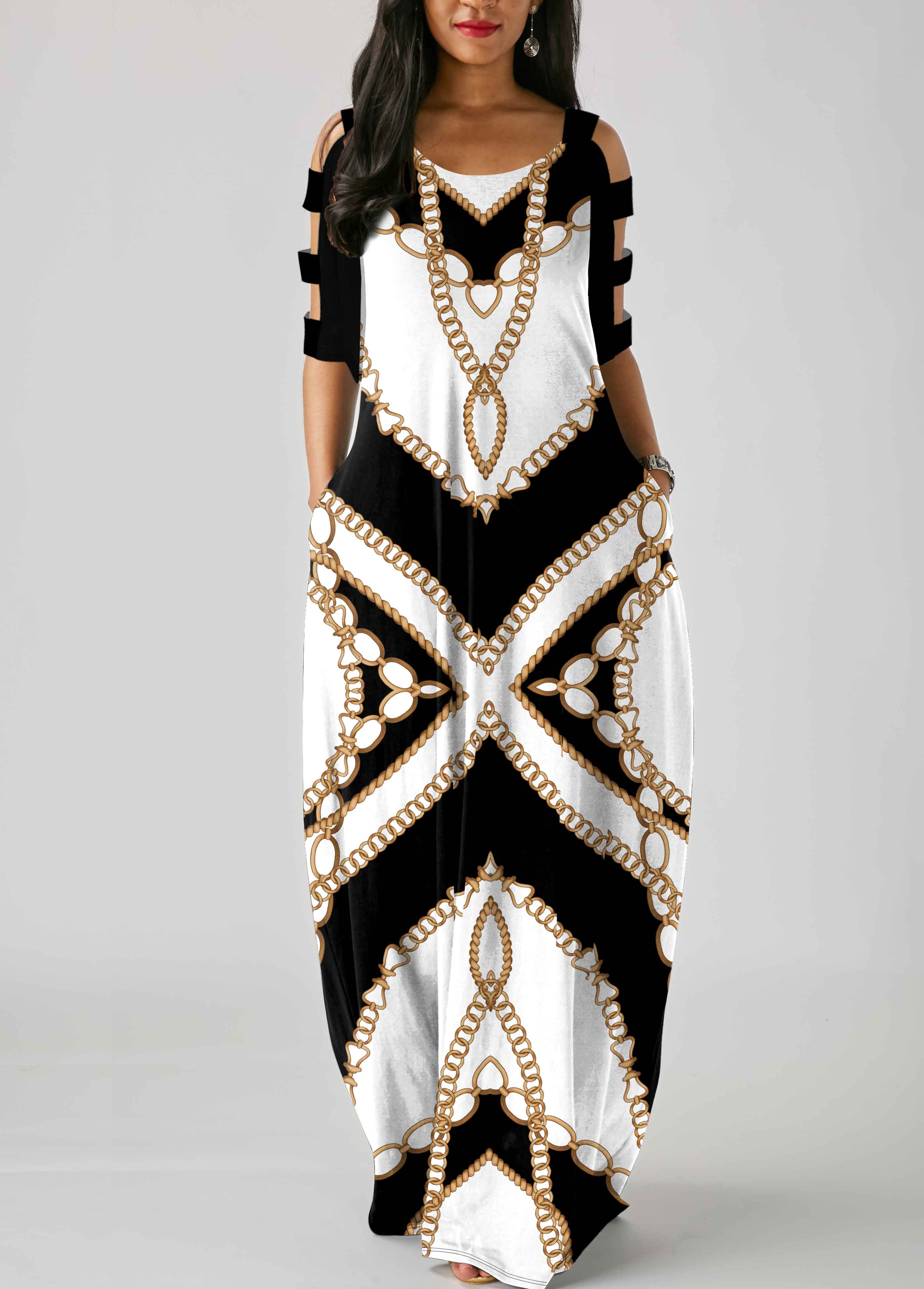 Tribal Print Ladder Cutout White Maxi Dress