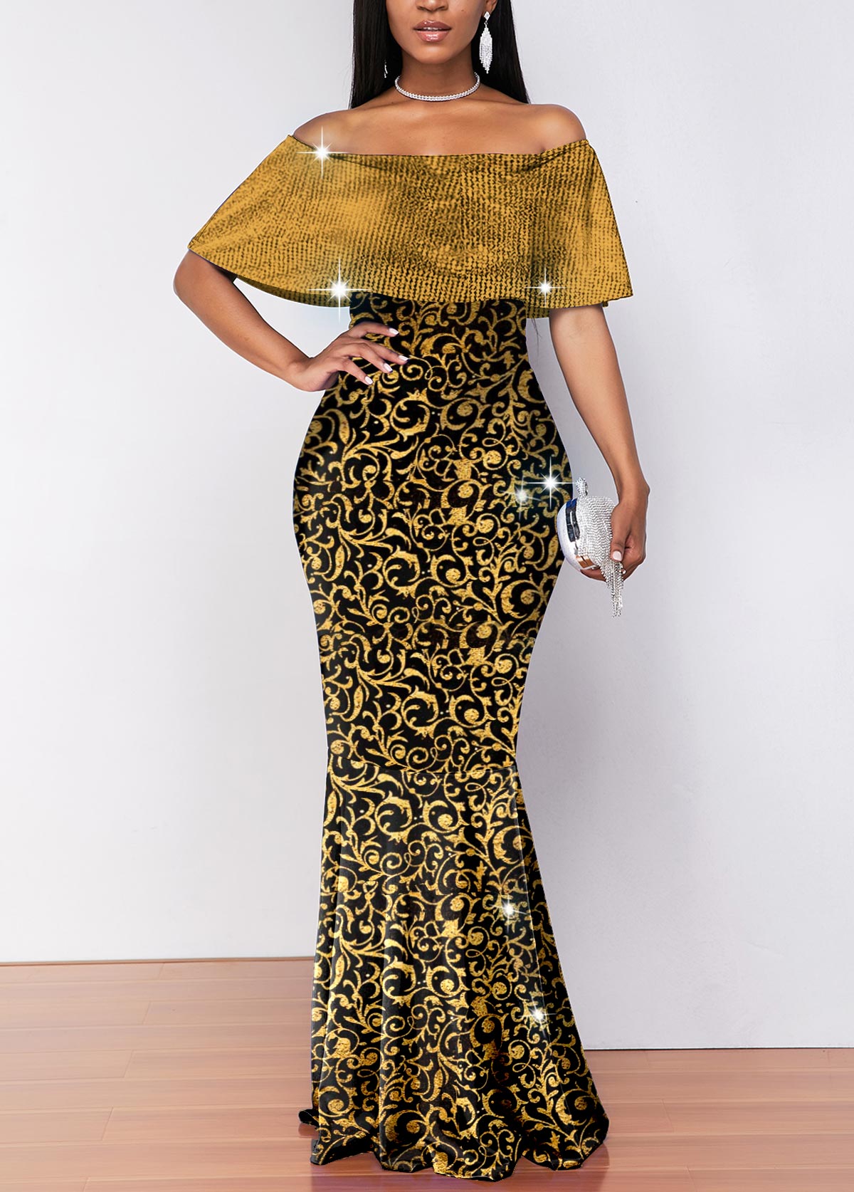 Hot Stamping Golden Off Shoulder Maxi Dress