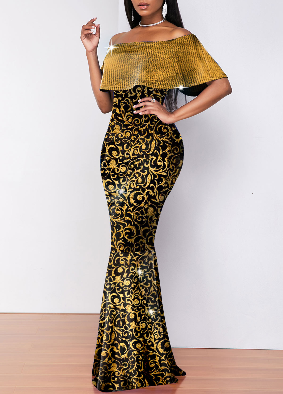 Hot Stamping Golden Off Shoulder Maxi Dress