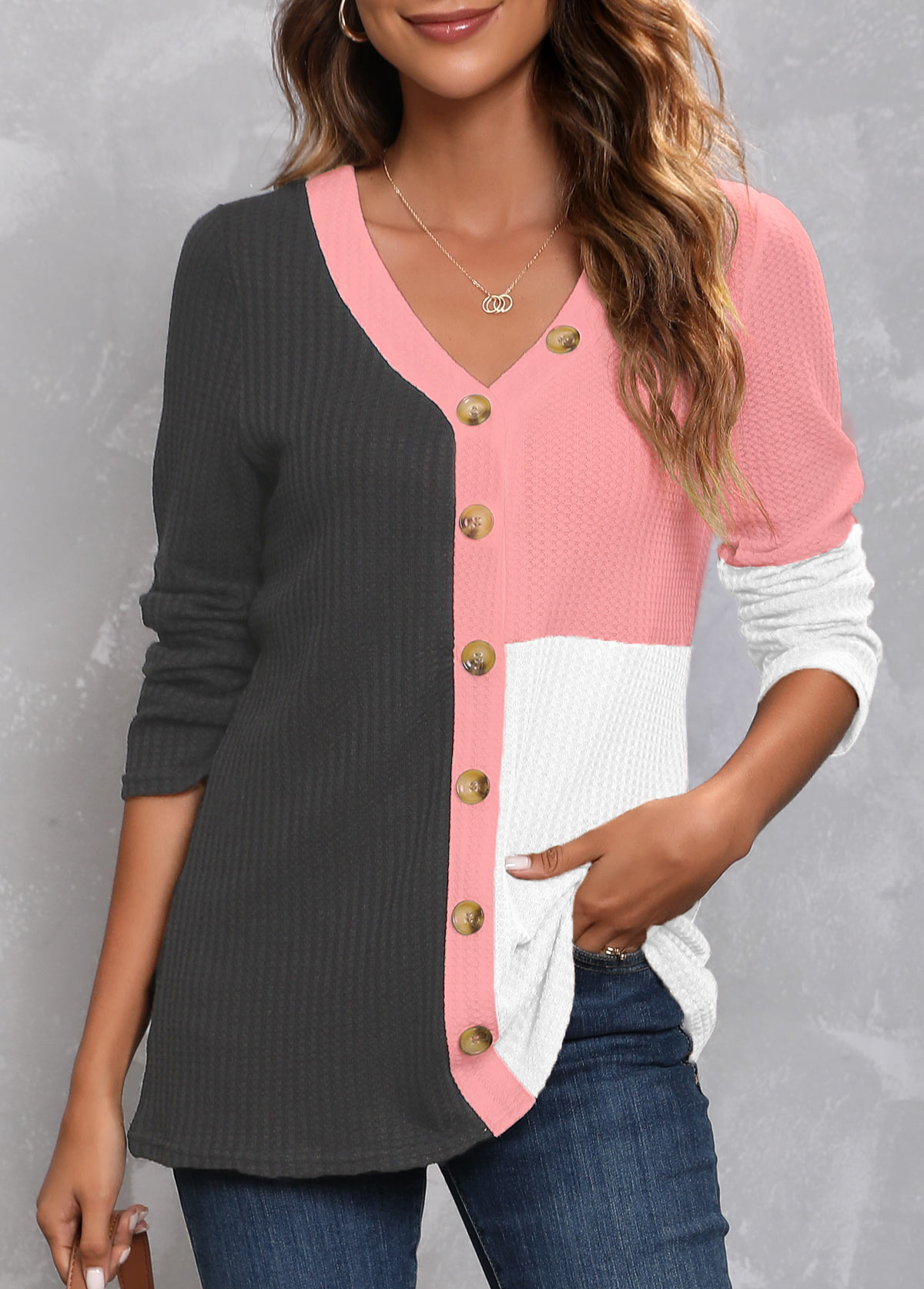 Dark Grey V Neck Decorative Button T Shirt USD 33.98