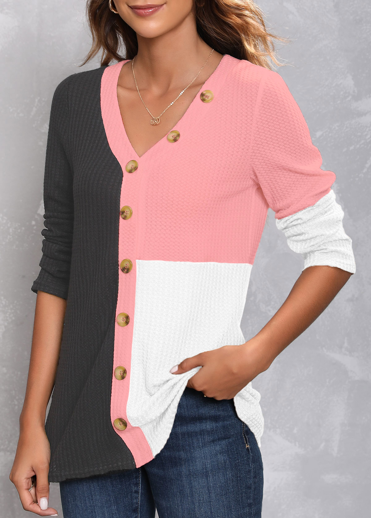 Dark Grey V Neck Decorative Button T Shirt USD 33.98