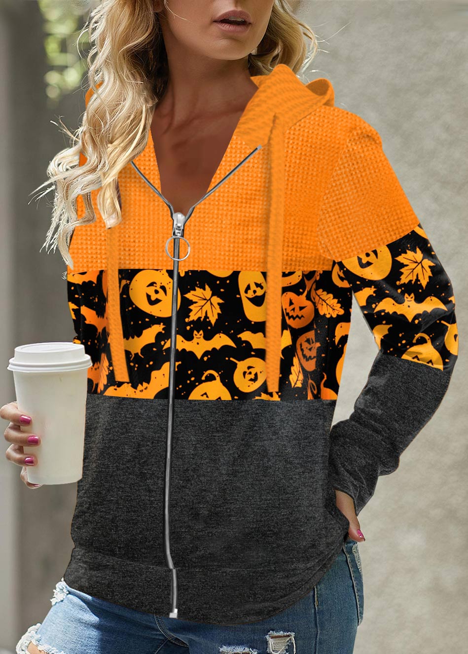 Halloween Print Zipper Orange Regular Sleeve Hoodie