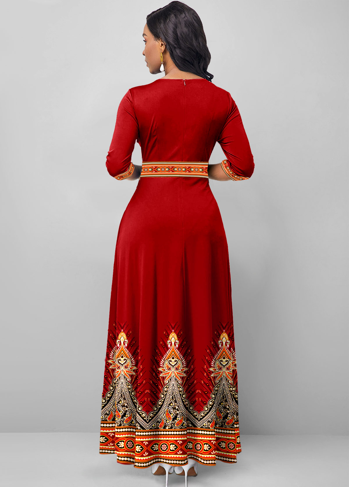 Tribal Print Pocket Deep Red Maxi Dress