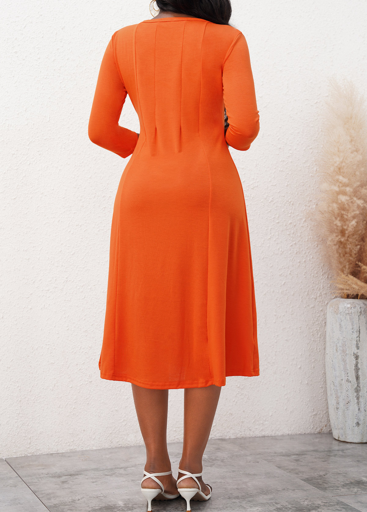 3/4 Sleeve Orange Round Neck Dress