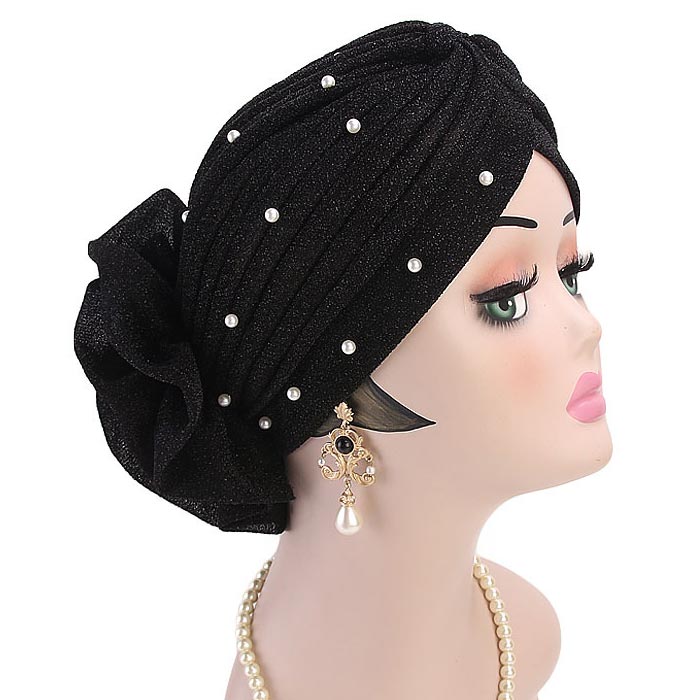 Floral Design Black Pearl Turban Hat
