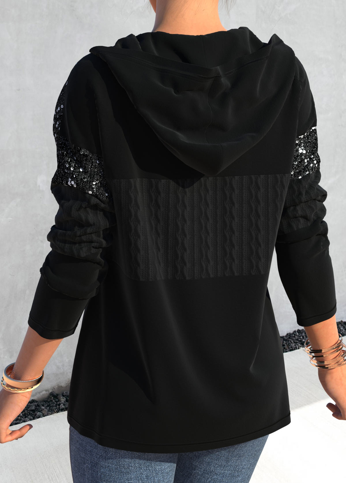 Long Sleeve Asymmetric Hem Black Sequin Hoodie