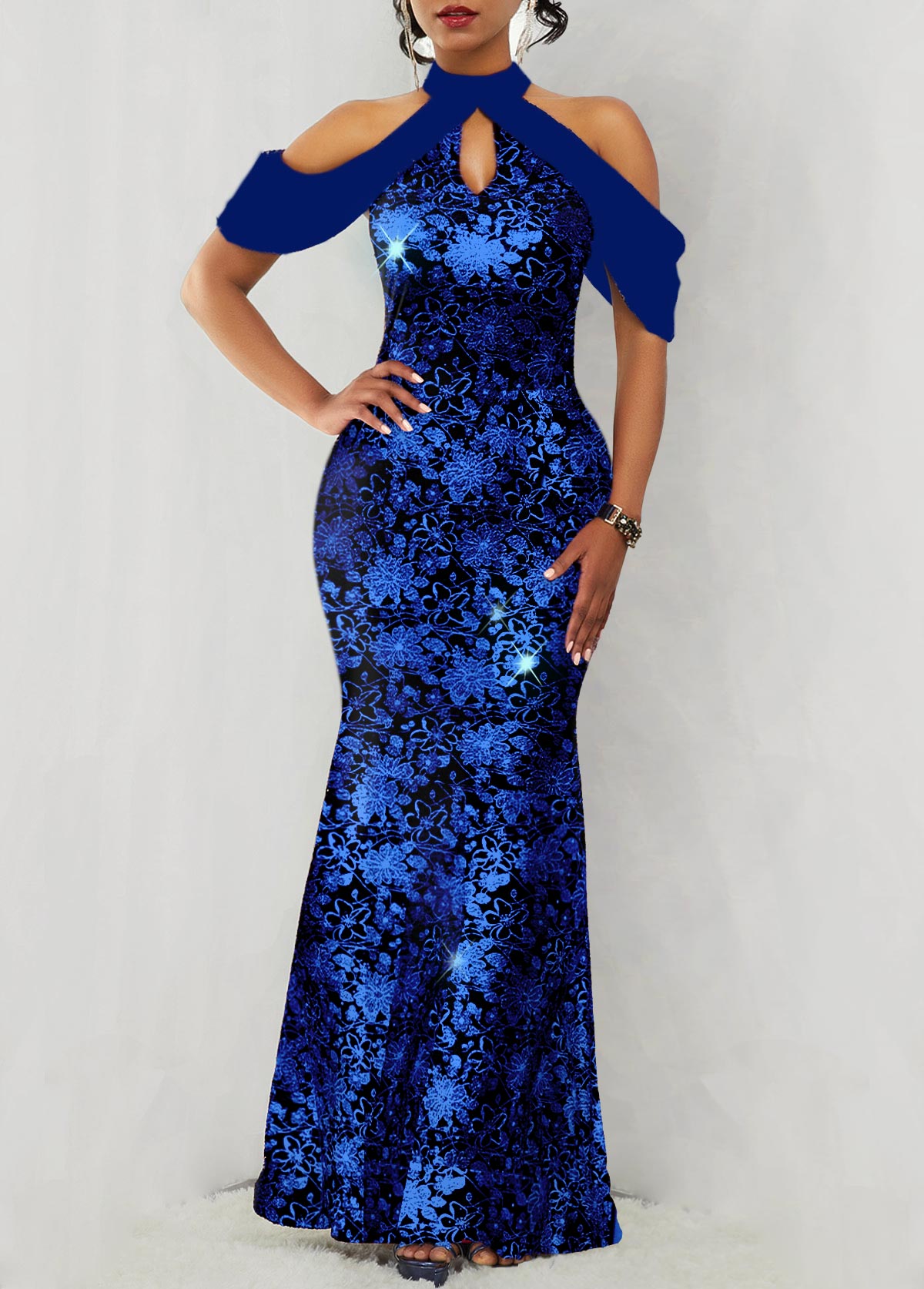 Floral Print Hot Stamping Sapphire Blue Maxi Dress